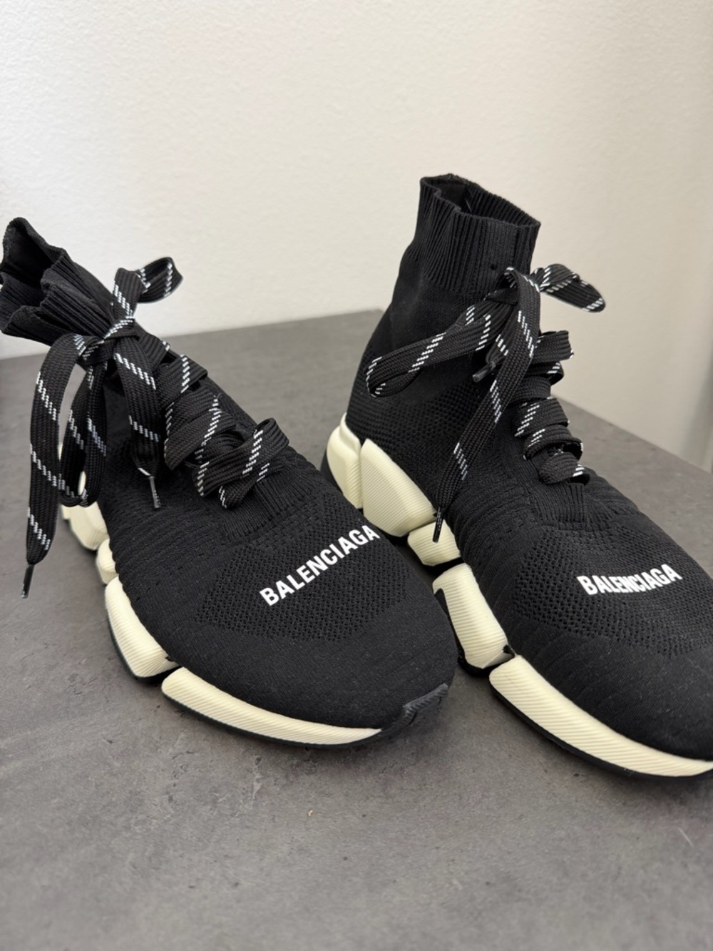 Balenciaga Black Knit High-Top Sock Sneakers with Off-White Sole